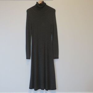 ZARA KNIT MIDI DRESS SWEATER turtleneck stripe grey black long sleeves sz MEDIUM